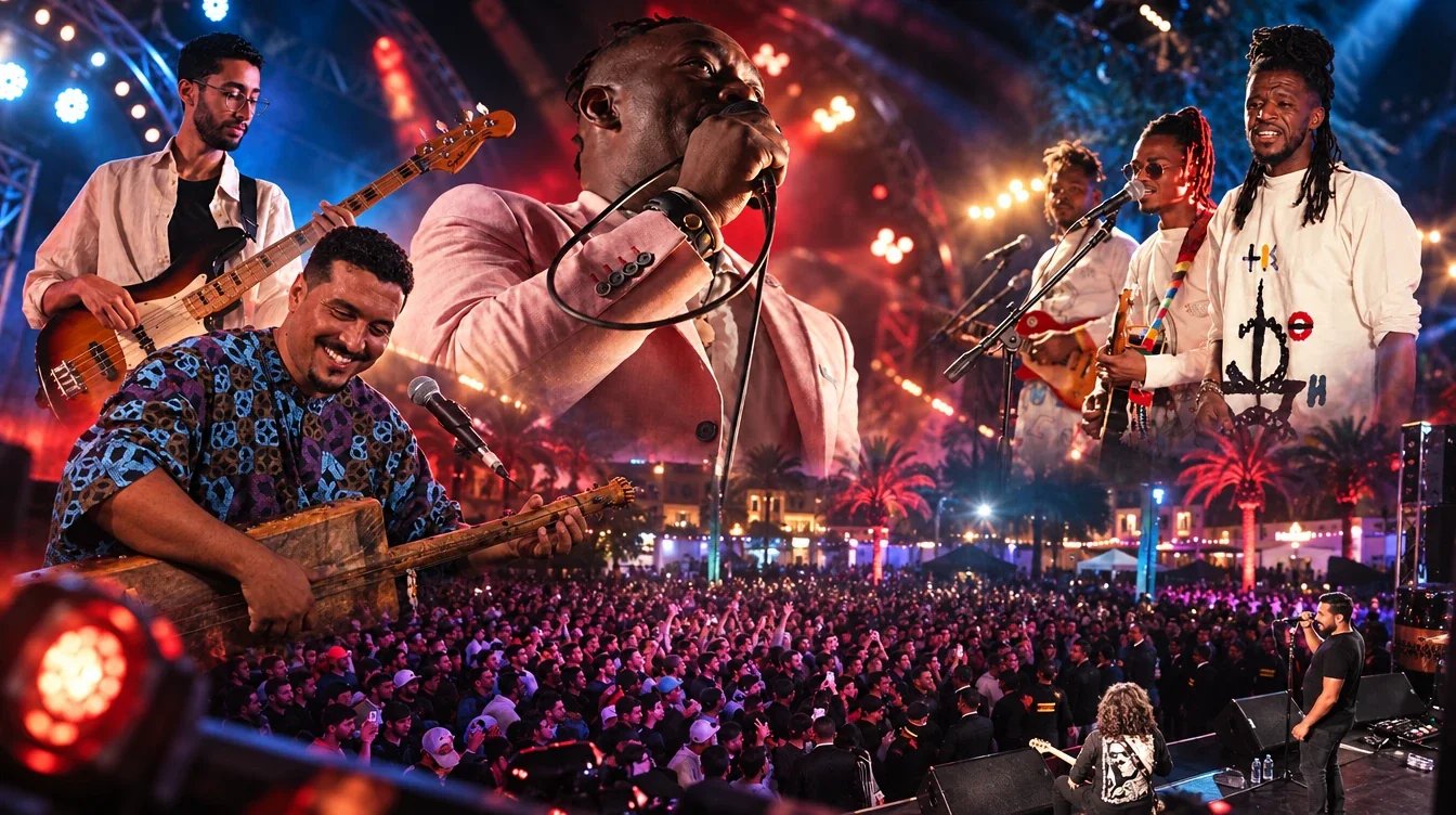 Collage de moments du festival Talweekend : un bassiste, un chanteur en veste rose, un musicien à l’instrument à cordes traditionnel et trois musiciens en blanc, au-dessus de la foule en pleine nuit