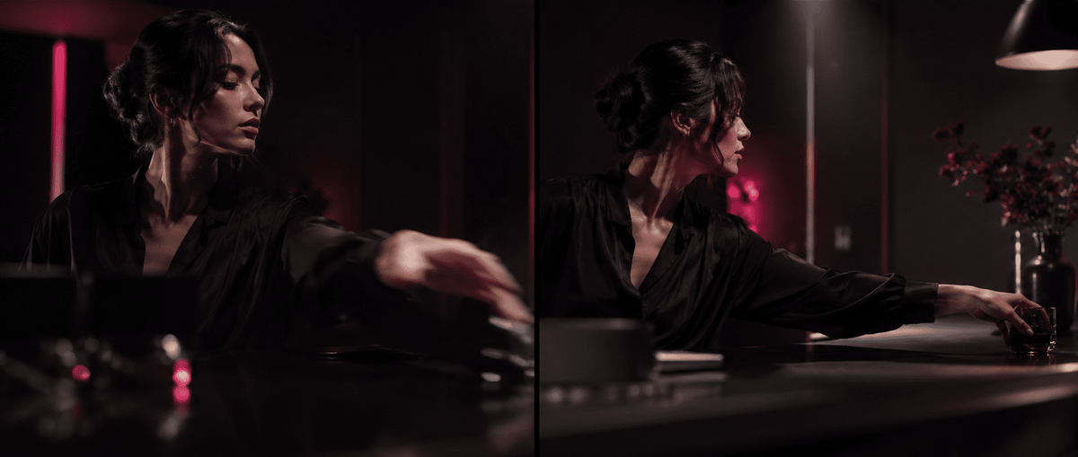 Une femme en noir tend le bras sur un comptoir sombre, le même geste filmé sous deux angles