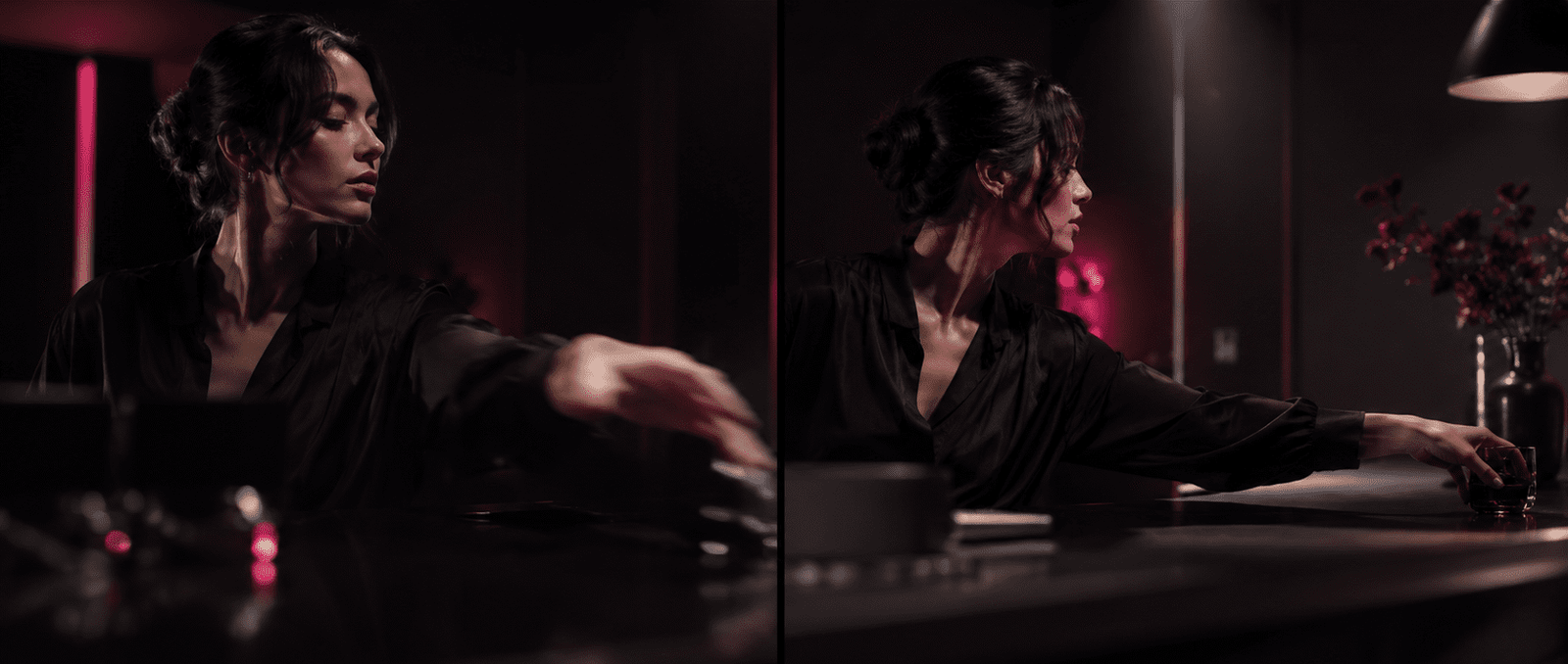 Une femme en noir tend le bras sur un comptoir sombre, le même geste filmé sous deux angles