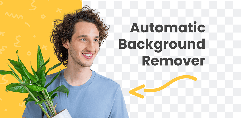 بورتريه فصلته remove.bg تلقائياً عن خلفيته، نصفه على خلفية صفراء ونصفه على خلفية شفافة مربّعة