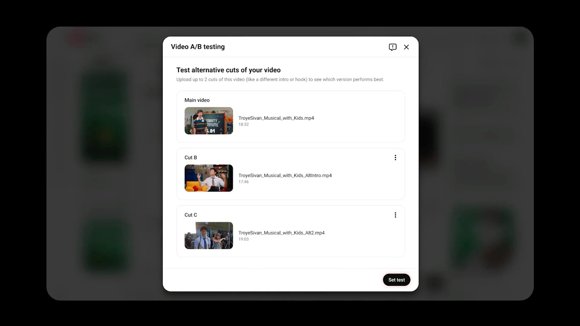 YouTube Studio “Video A/B testing” window with a main video and two alternative cuts, Cut B and Cut C