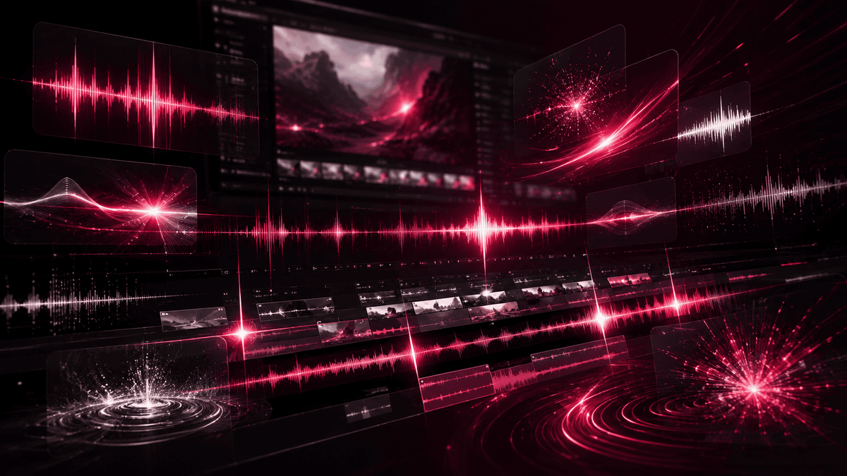 Formes d’onde rouges et éclats lumineux autour d’un écran de montage vidéo et de sa timeline