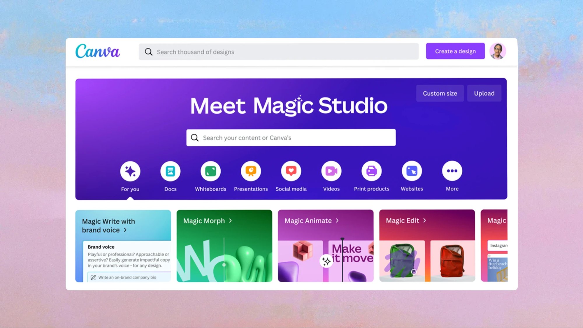 الصفحة الرئيسية لـCanva Magic Studio مع أدوات الذكاء الاصطناعي Magic Write وMagic Morph وMagic Animate وMagic Edit