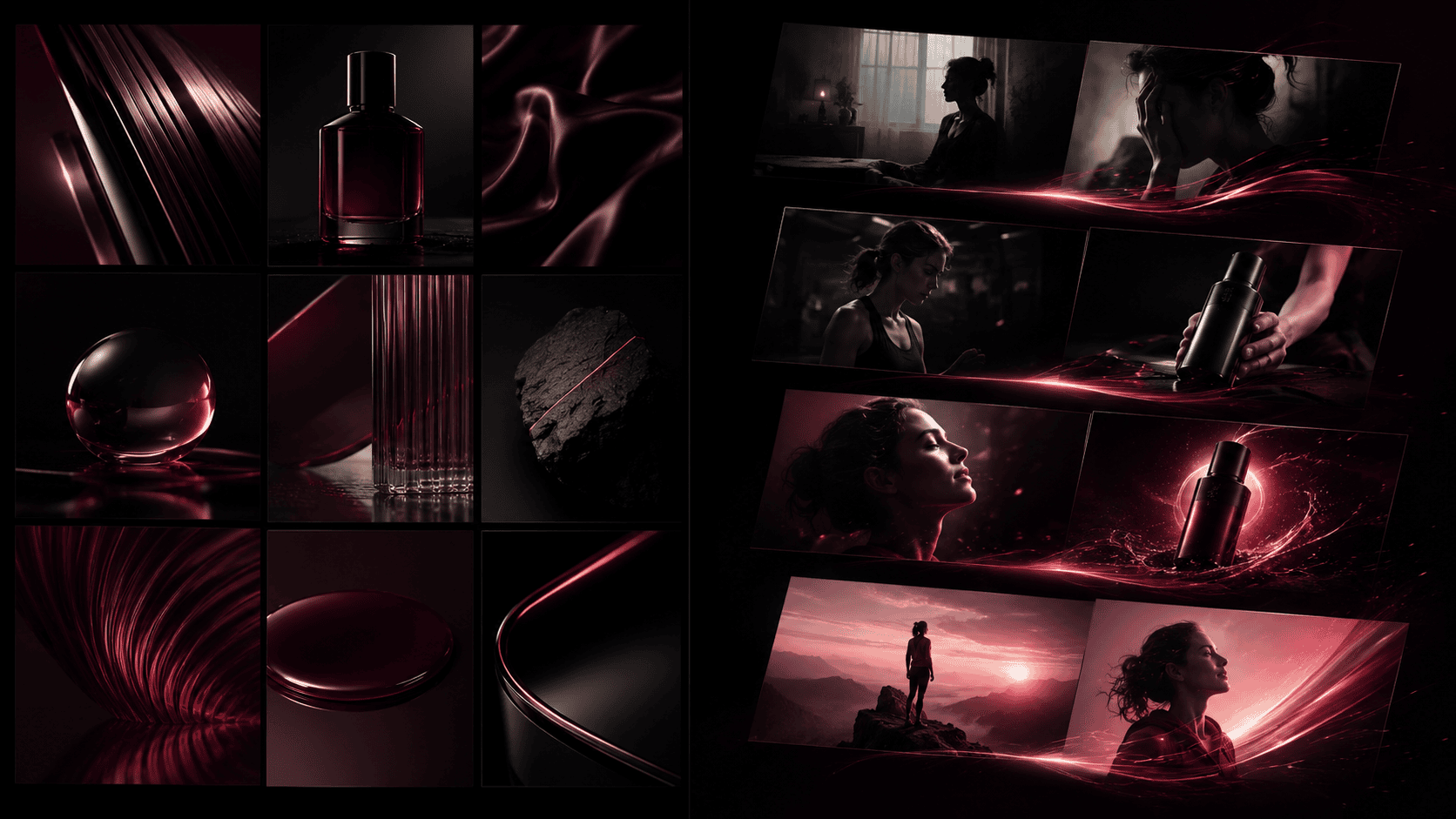 Moodboard d’un flacon sombre à côté d’un storyboard : solitude, saisie du produit, puis sommet au coucher du soleil