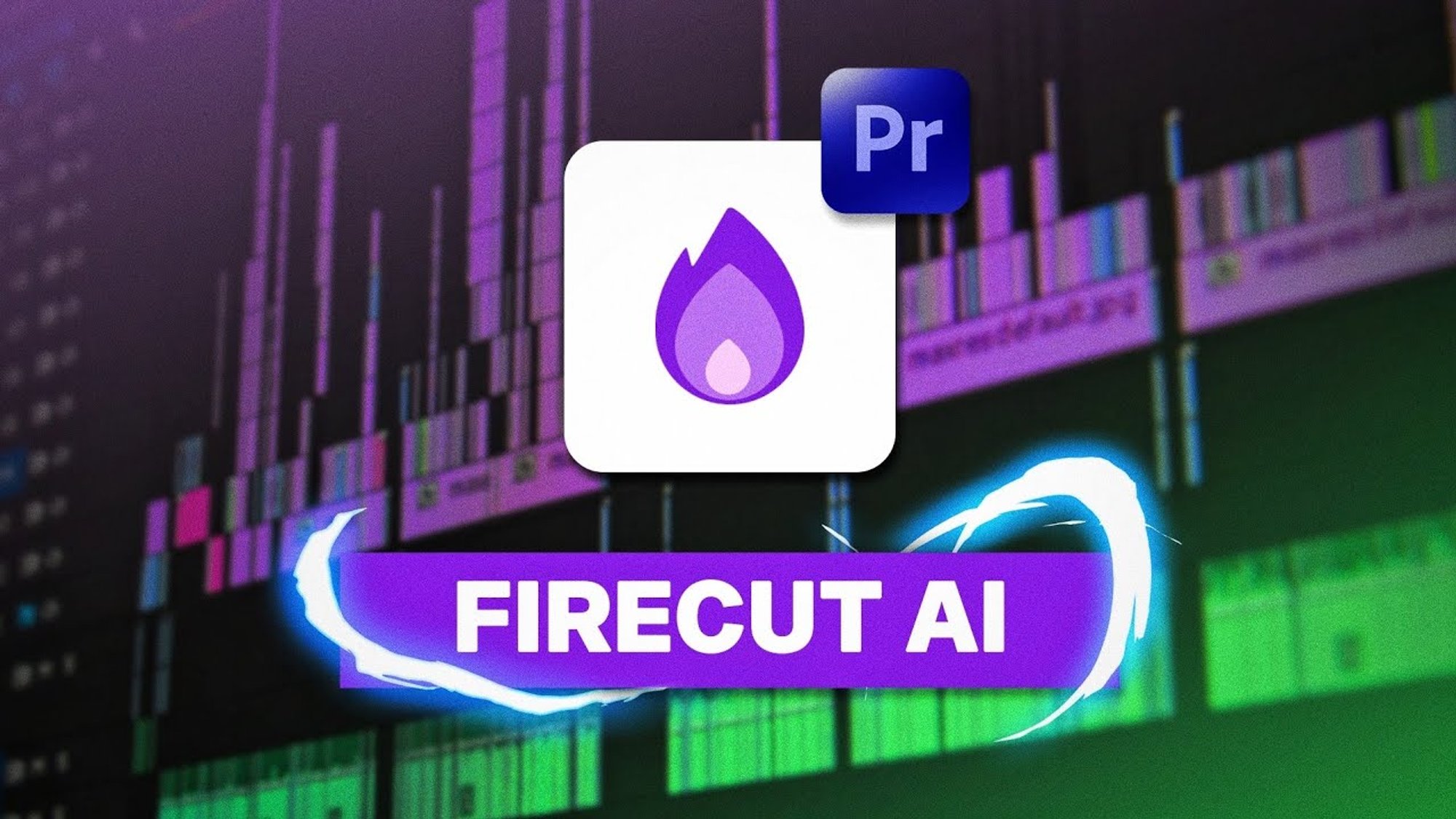 شعار FireCut AI وأيقونة Premiere Pro فوق خط زمني مقطّع إلى عشرات القطعات التلقائية