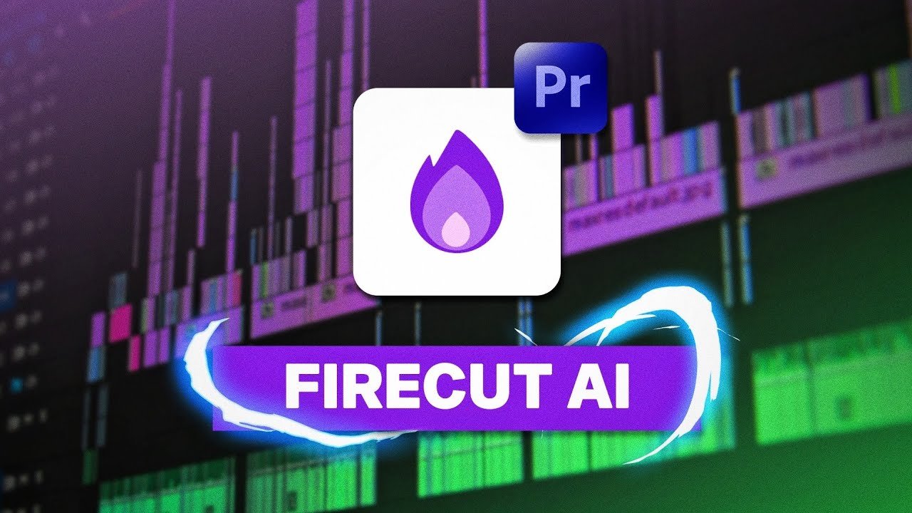 شعار FireCut AI وأيقونة Premiere Pro فوق خط زمني مقطّع إلى عشرات القطعات التلقائية
