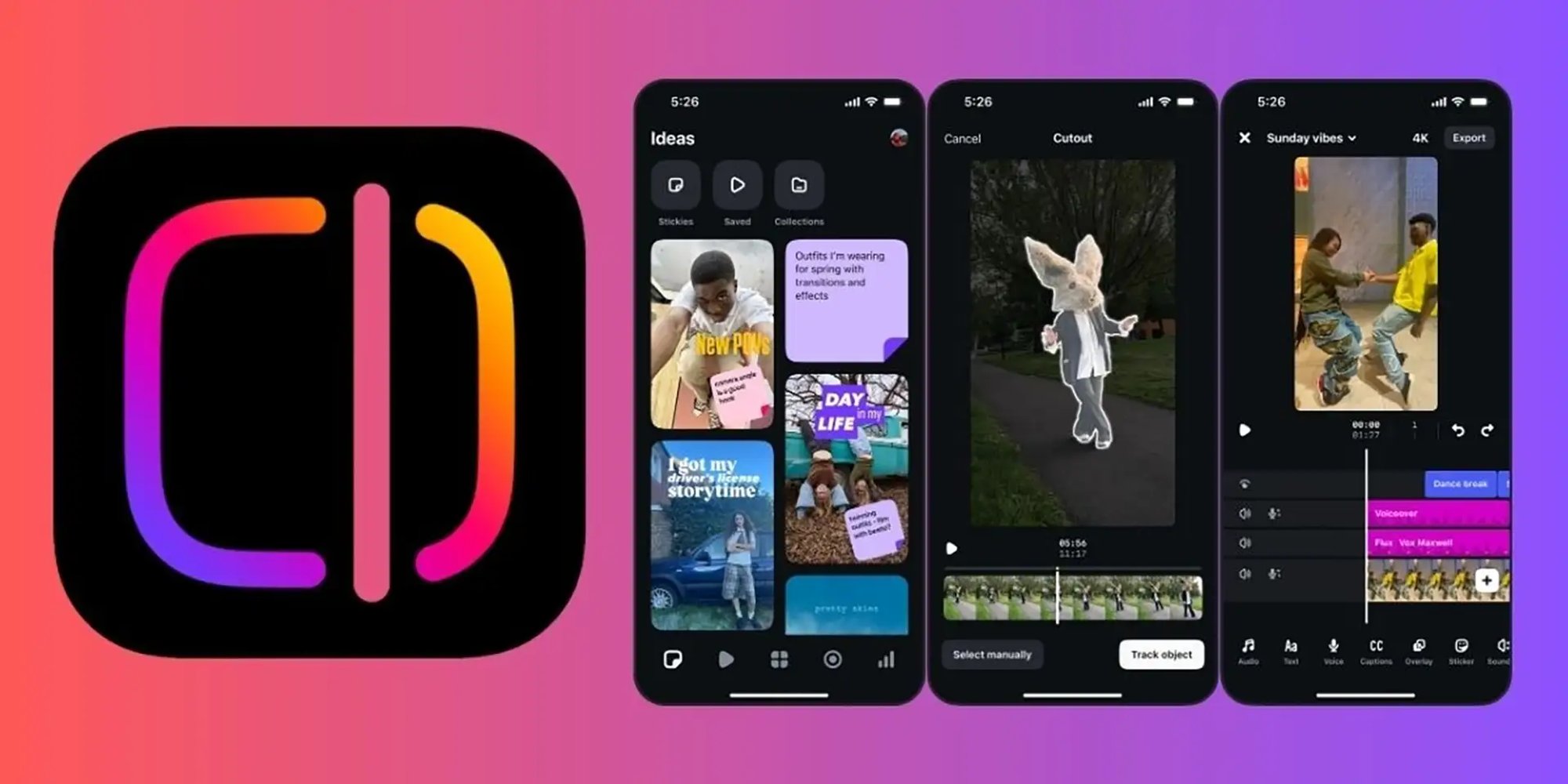 Trois écrans de l’app Edits : idées, détourage avec suivi d’objet et timeline avec voix off