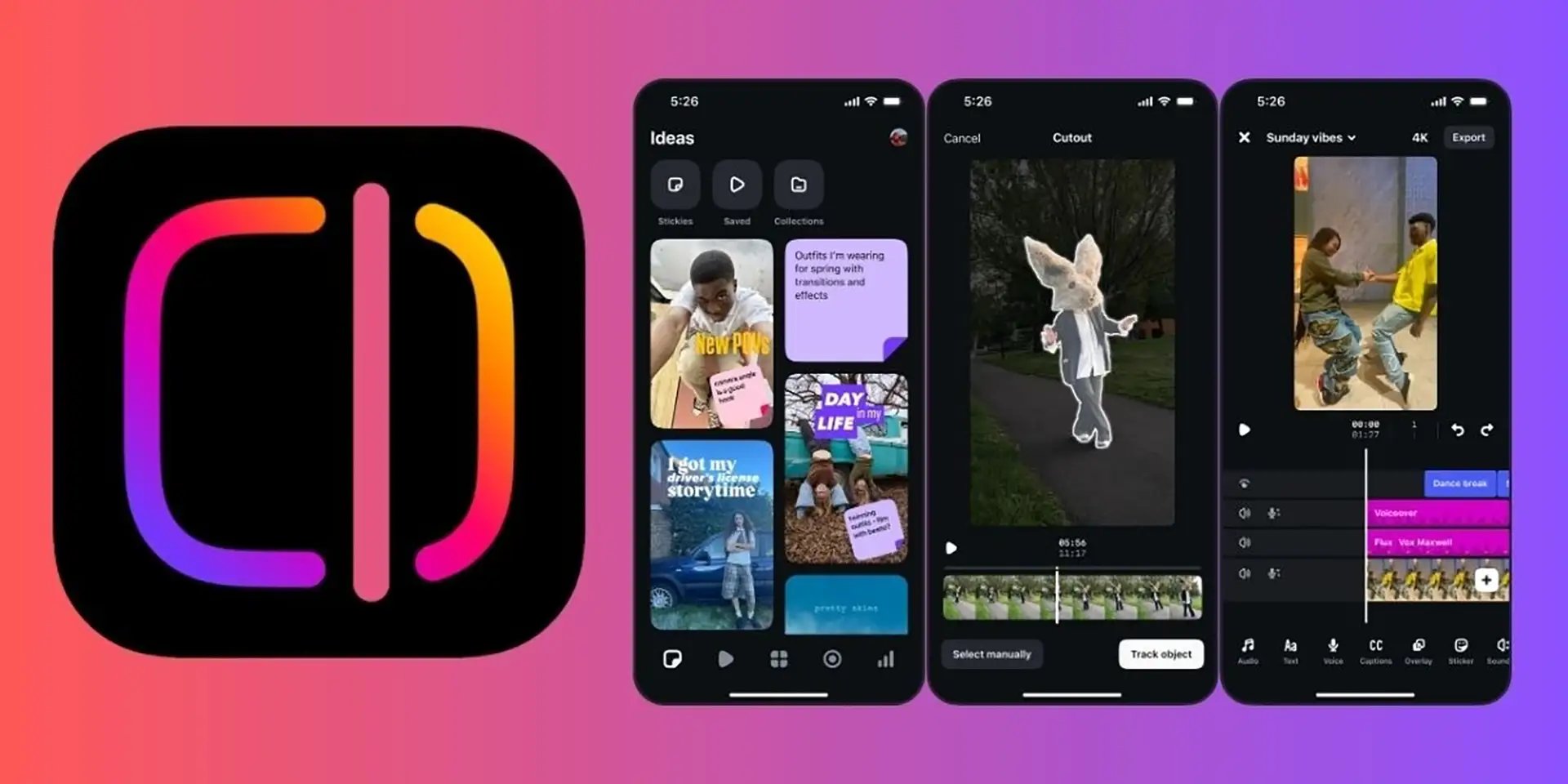 Trois écrans de l’app Edits : idées, détourage avec suivi d’objet et timeline avec voix off