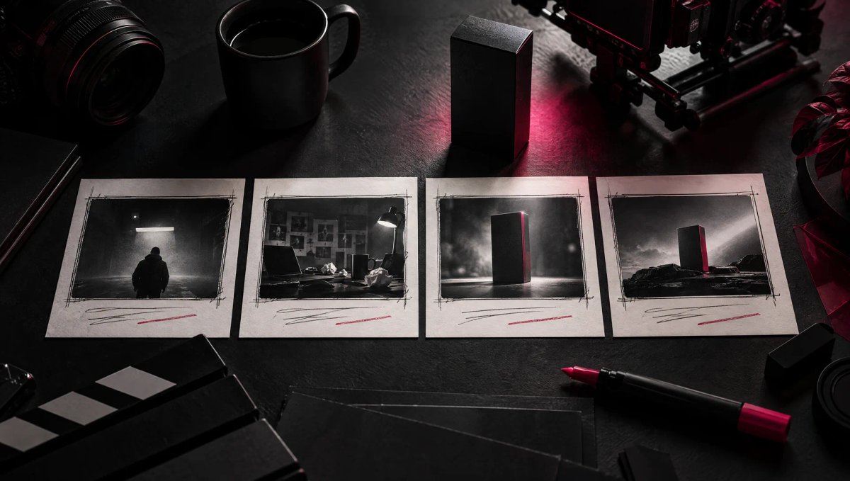 Quatre vignettes de storyboard sur un bureau sombre, du personnage seul dans la nuit à la révélation du produit