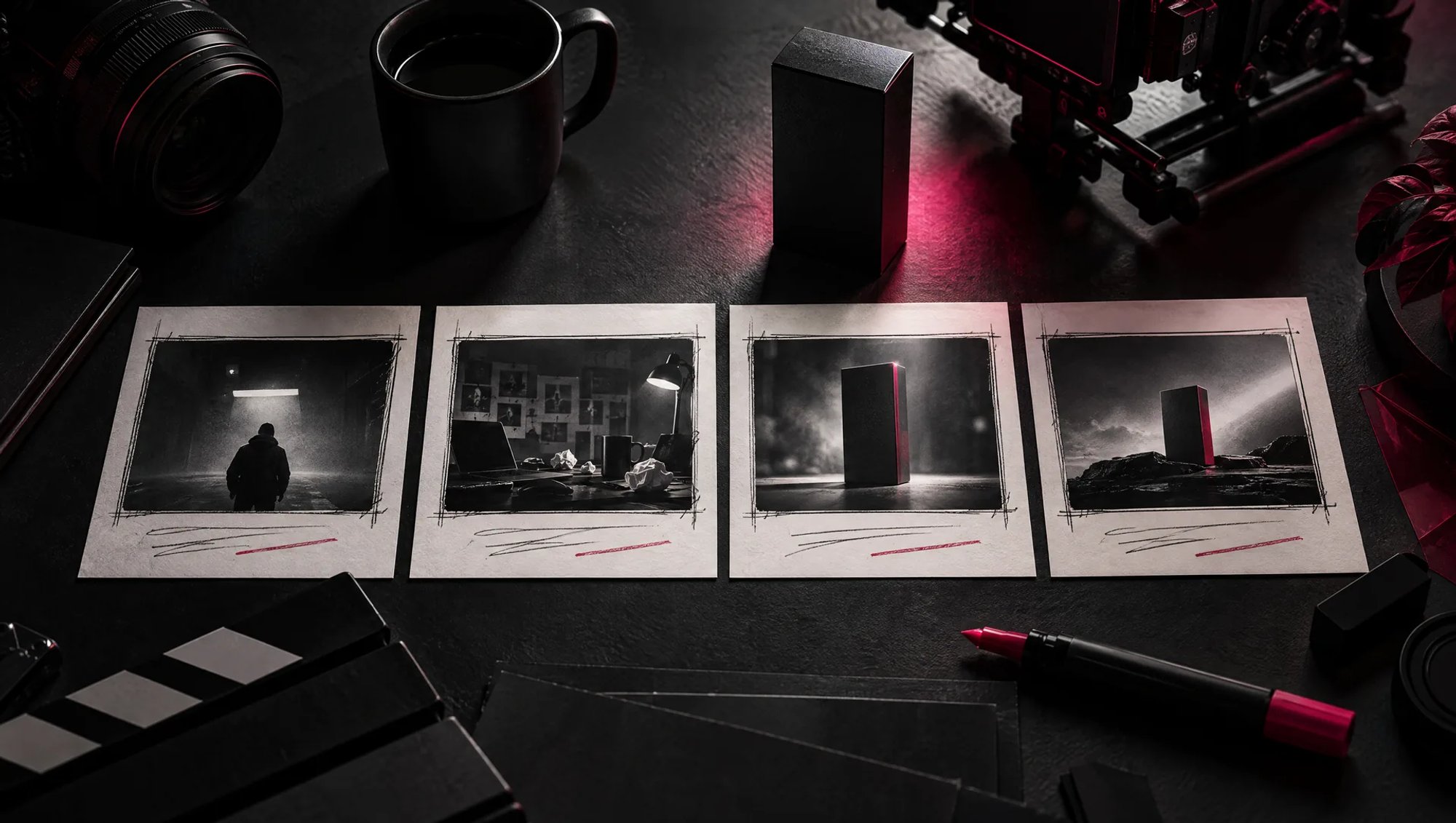 Quatre vignettes de storyboard sur un bureau sombre, du personnage seul dans la nuit à la révélation du produit
