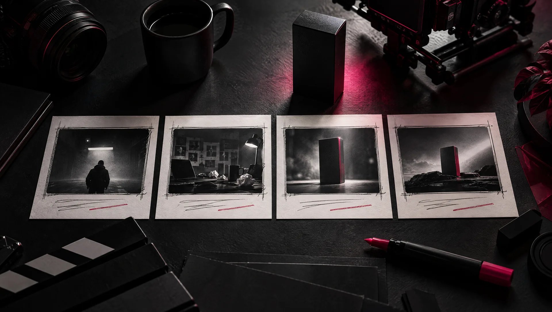 Quatre vignettes de storyboard sur un bureau sombre, du personnage seul dans la nuit à la révélation du produit