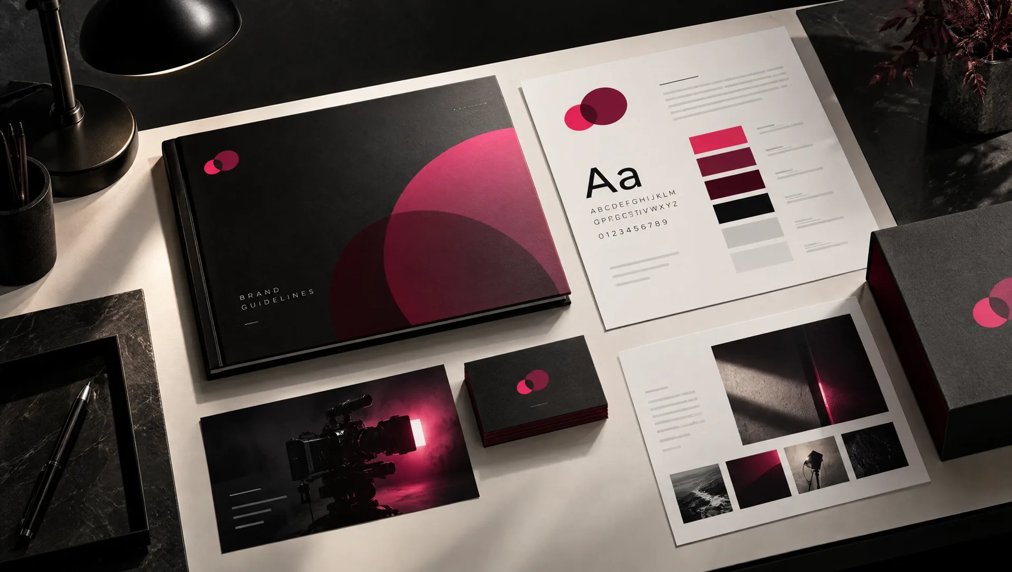 Brandbook noir « Brand Guidelines », planche typographique, nuancier magenta et bordeaux, cartes de visite et coffret siglé sur un bureau sombre