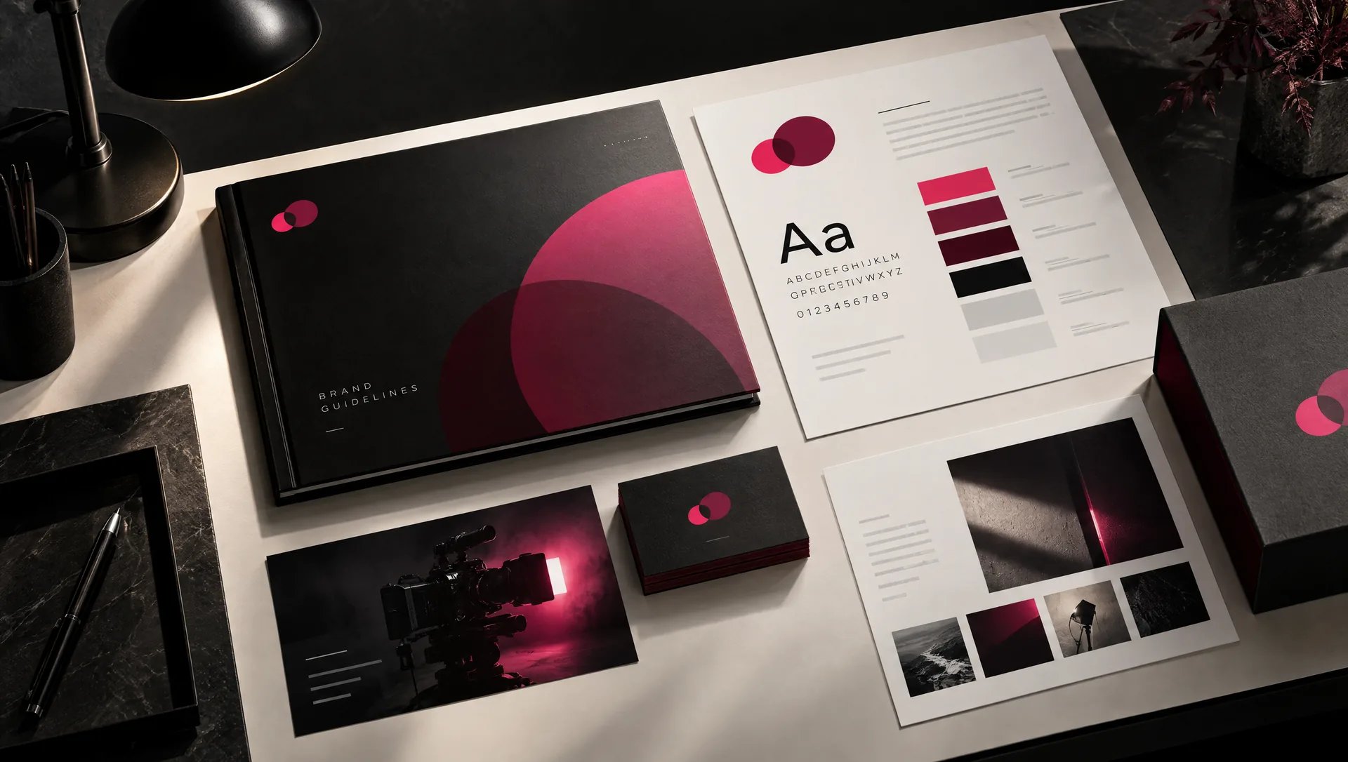 Brandbook noir « Brand Guidelines », planche typographique, nuancier magenta et bordeaux, cartes de visite et coffret siglé sur un bureau sombre