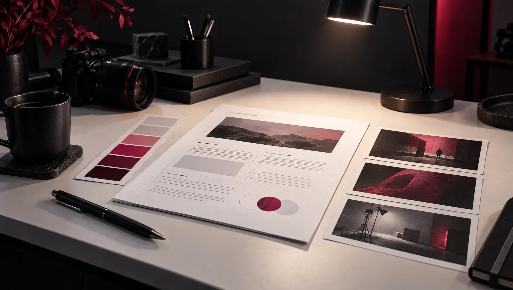 Brief vidéo imprimé sur un bureau, entouré d’un nuancier bordeaux, de trois photos de référence et d’un appareil photo