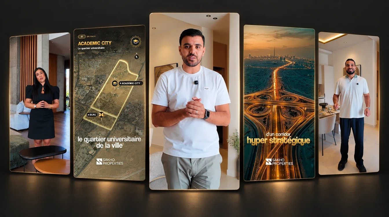 Cinq visuels verticaux de Reels Sakho Properties sur fond noir aux reflets dorés : une femme en robe noire, la carte « Academic City », un homme en t-shirt blanc au centre, une autoroute au crépuscule (« hyper stratégique ») et un homme en polo blanc