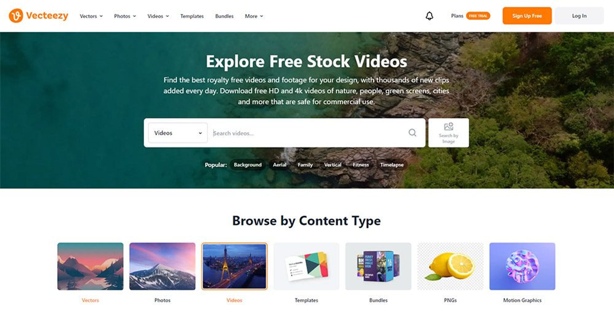 Vecteezy “Explore Free Stock Videos” page with a video search bar and content types