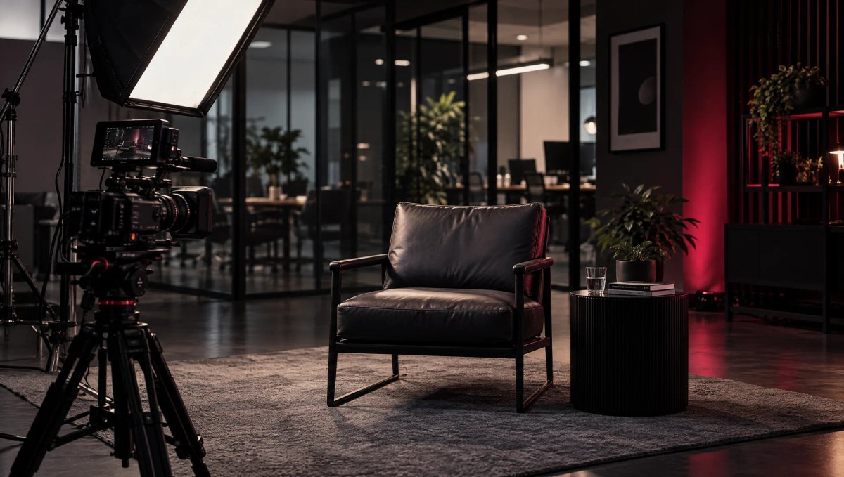 Plateau d’interview corporate dans des bureaux modernes : caméra sur trépied, softbox et fauteuil en cuir prêt pour l’intervenant