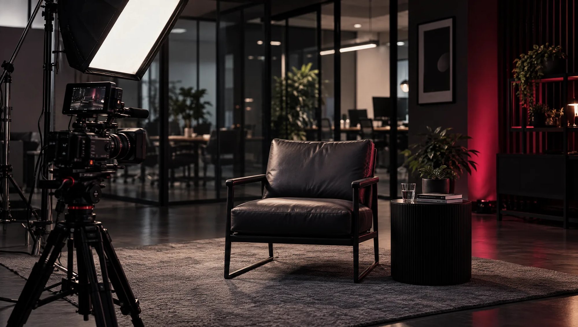 Plateau d’interview corporate dans des bureaux modernes : caméra sur trépied, softbox et fauteuil en cuir prêt pour l’intervenant