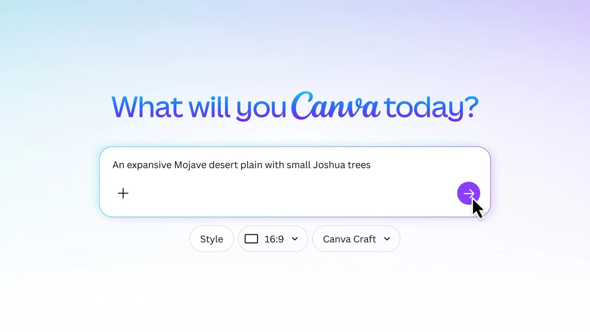 الصفحة الرئيسية لـ Canva مع خانة الأوامر واختيار نموذج Canva Craft بمقاس 16:9