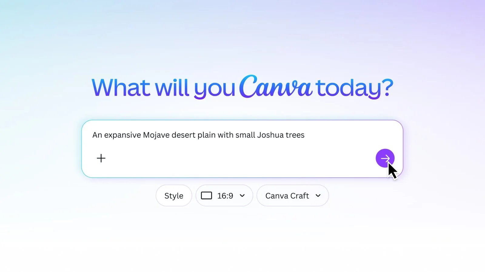 الصفحة الرئيسية لـ Canva مع خانة الأوامر واختيار نموذج Canva Craft بمقاس 16:9