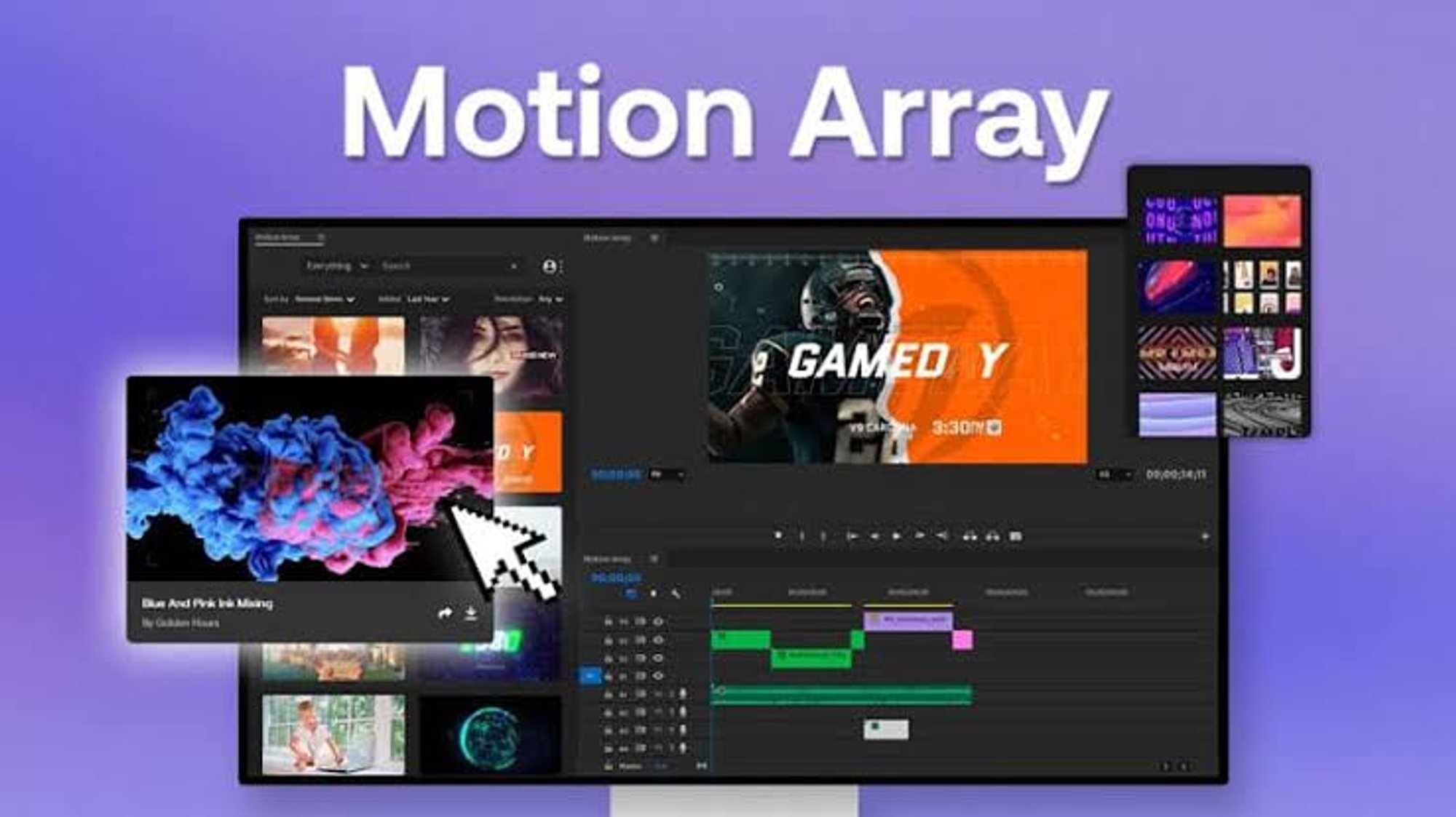 Motion Array screen showing a “Gameday” template inside an editing app next to ink clips
