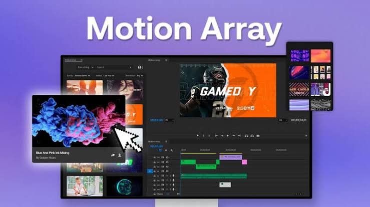 Motion Array screen showing a “Gameday” template inside an editing app next to ink clips