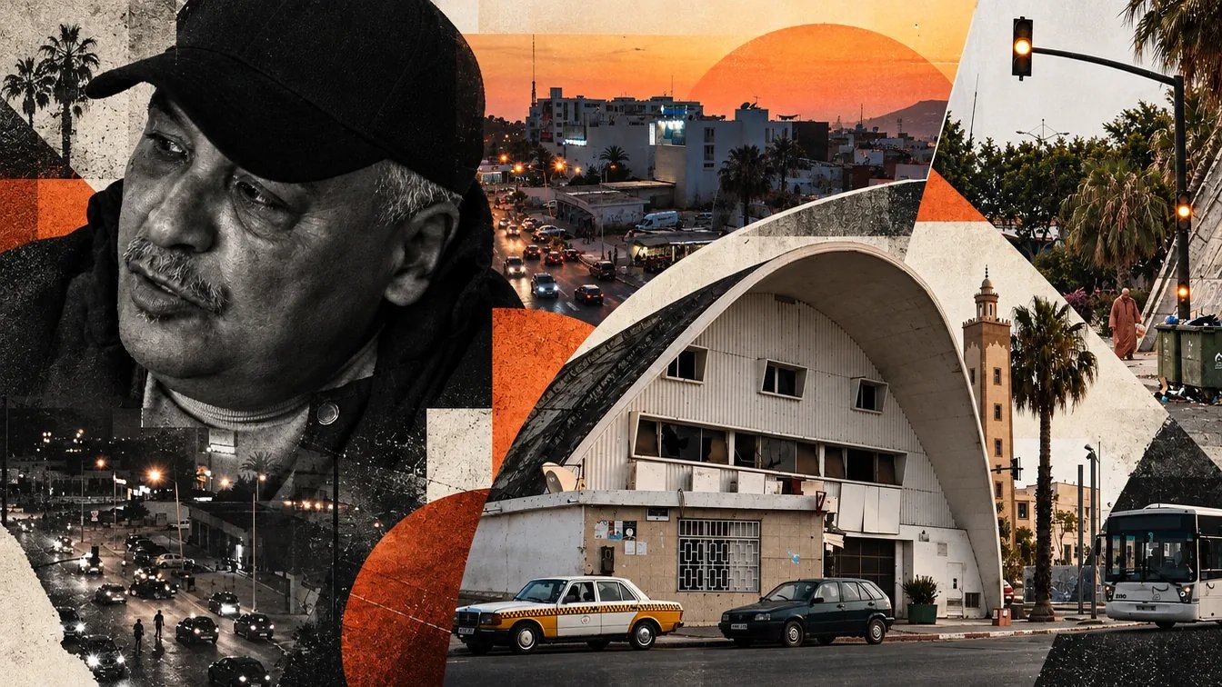 Collage du documentaire 37 Ryal : portrait en noir et blanc d’un témoin, vue de la ville au coucher du soleil et façade en voûte du Cinéma Salam à Agadir, sur fond orange et noir