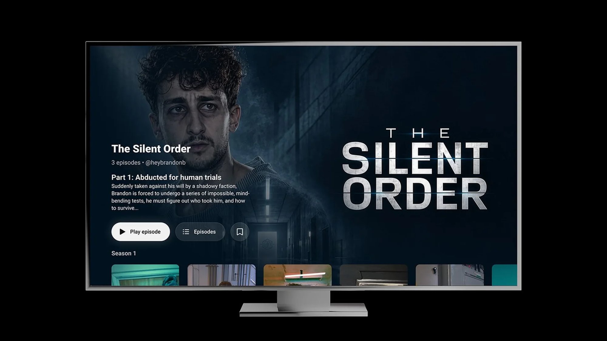شاشة تلفاز تعرض صفحة سلسلة Shorts على YouTube بعنوان «The Silent Order» مع زر تشغيل الحلقة وقائمة الموسم الأول