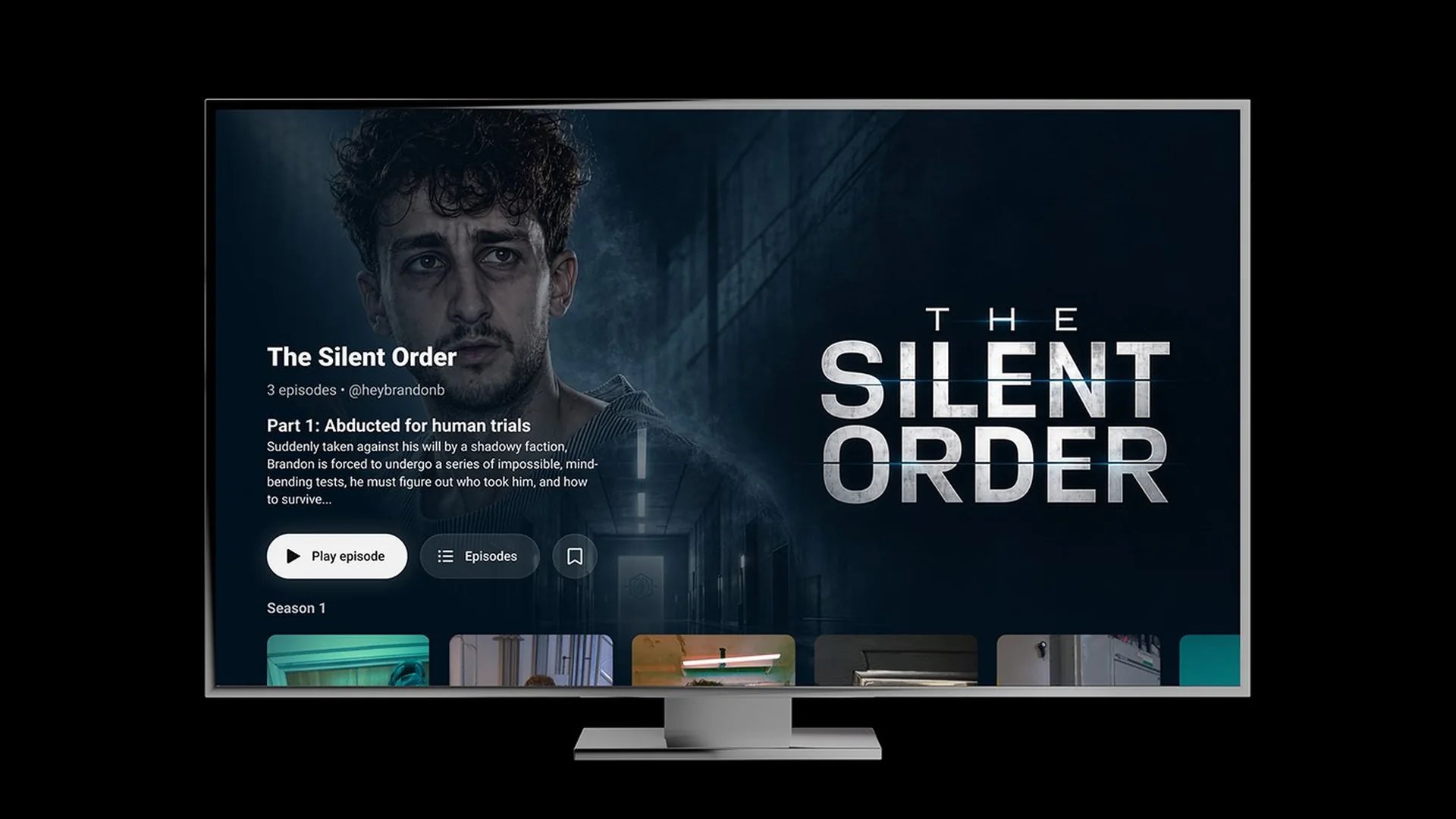 شاشة تلفاز تعرض صفحة سلسلة Shorts على YouTube بعنوان «The Silent Order» مع زر تشغيل الحلقة وقائمة الموسم الأول