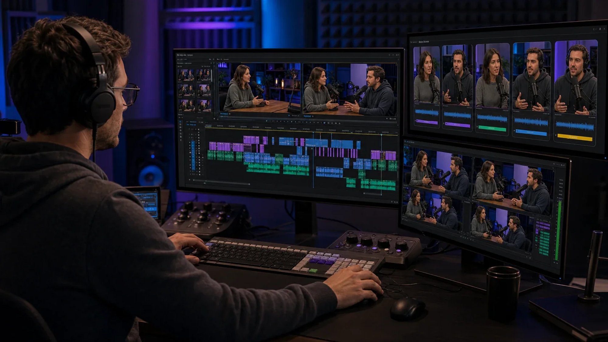 مونتير يضع سماعات أمام عدة شاشات تعرض مونتاج بودكاست متعدد الكاميرات في Premiere Pro: خط زمني ملوّن وخمس زوايا كاميرا مع أشكال الموجات الصوتية