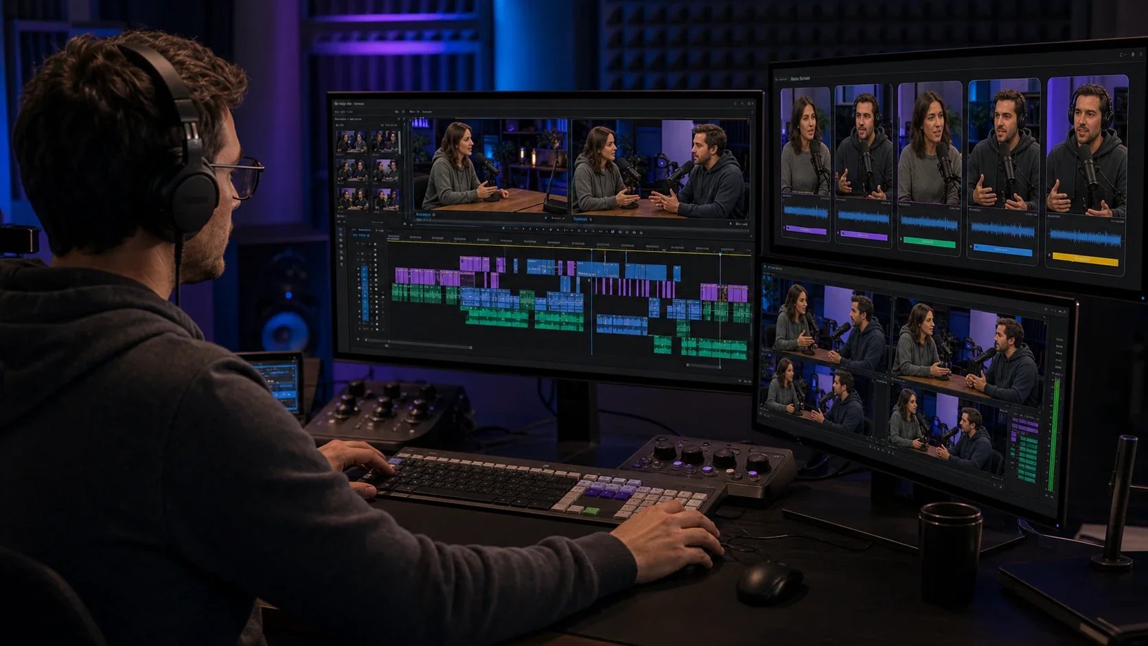 مونتير يضع سماعات أمام عدة شاشات تعرض مونتاج بودكاست متعدد الكاميرات في Premiere Pro: خط زمني ملوّن وخمس زوايا كاميرا مع أشكال الموجات الصوتية