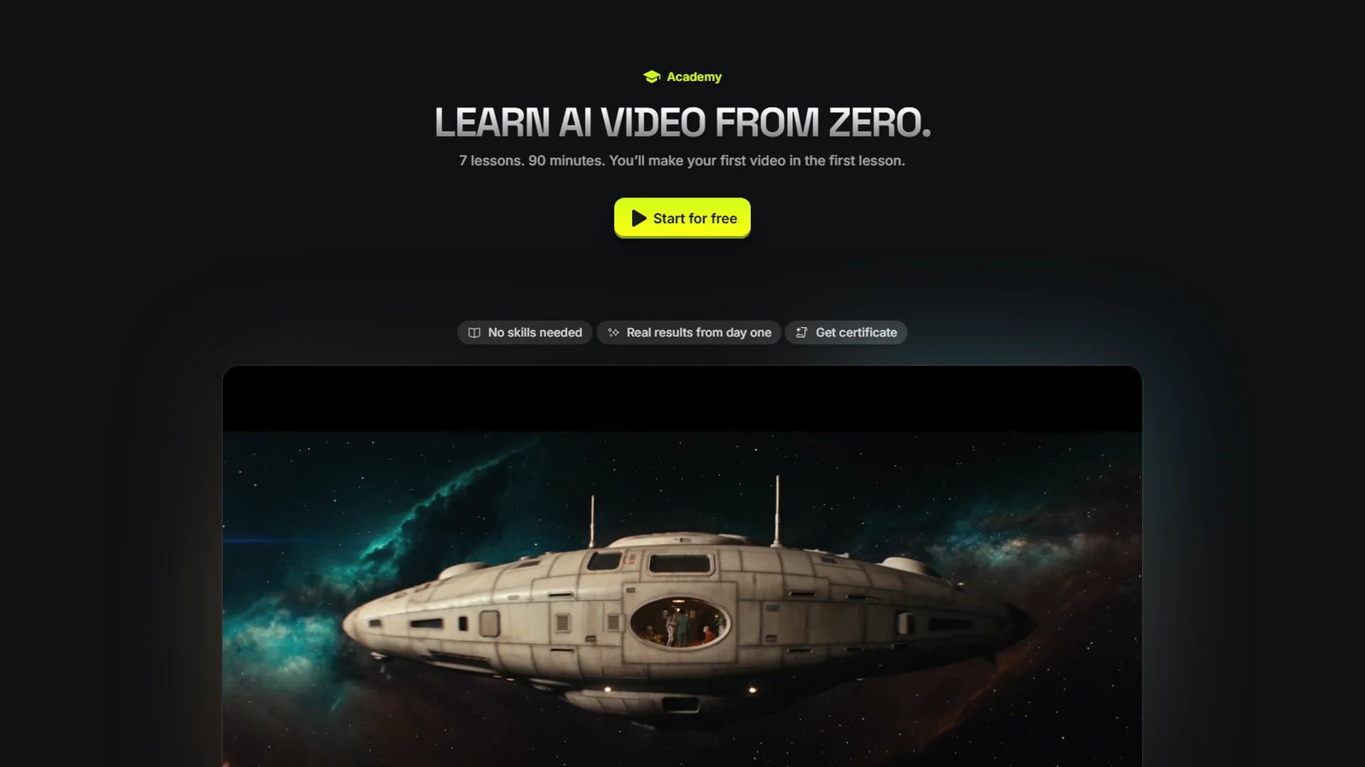 Page d’accueil de Higgsfield Academy avec le titre « Learn AI video from zero », la mention 7 leçons et 90 minutes, et un bouton Start for free