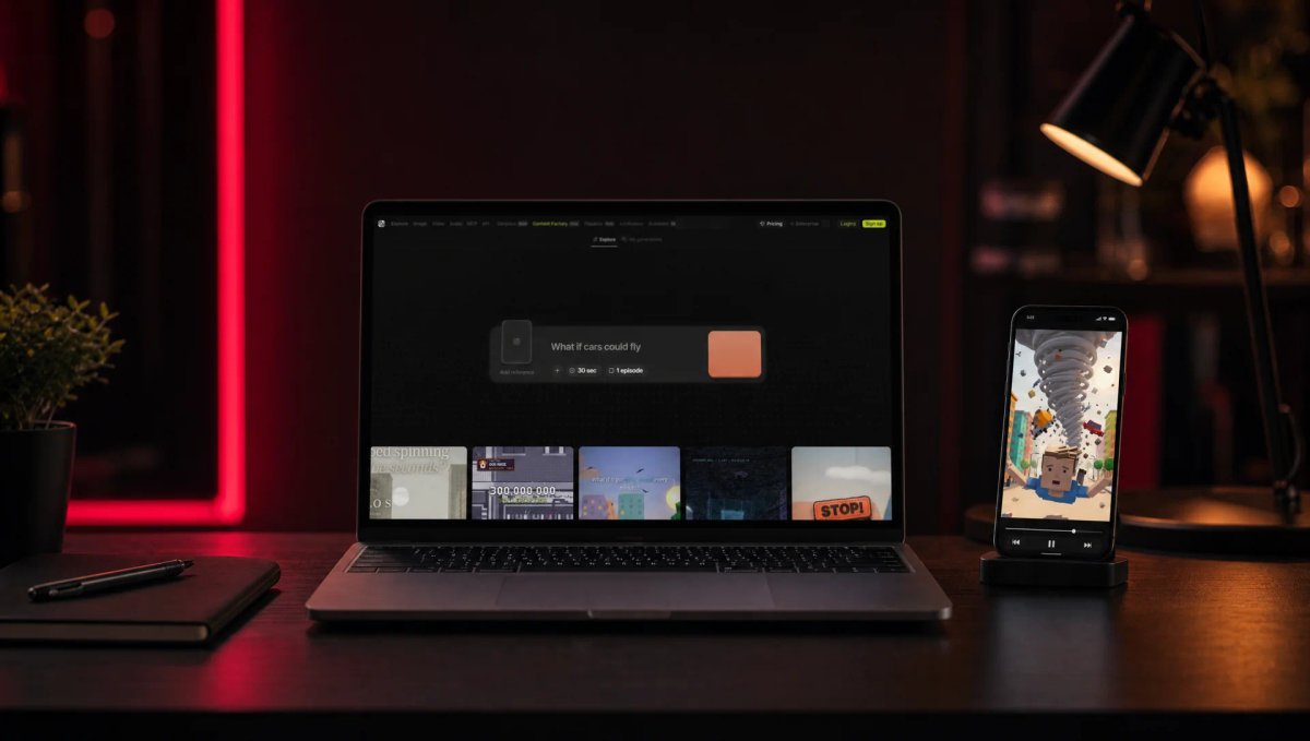 Ordinateur portable affichant l’interface Content Factory de Higgsfield avec l’idée « What if cars could fly », et un smartphone qui lit une vidéo animée, dans une pièce sombre éclairée en rouge