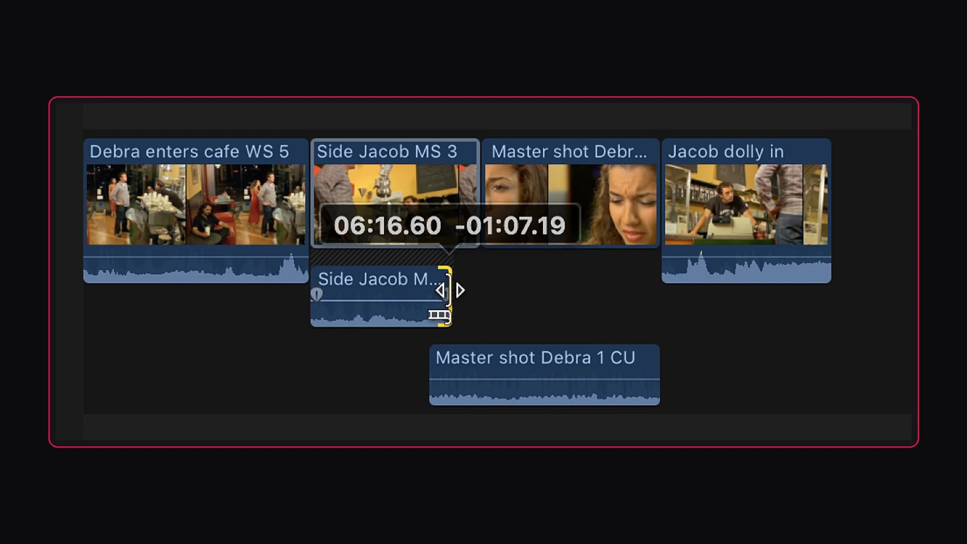 خط زمني في Final Cut Pro: صوت لقطة قريبة يبدأ تحت اللقطة السابقة بينما يُقصَّر صوت تلك اللقطة، مشكّلاً J-cut