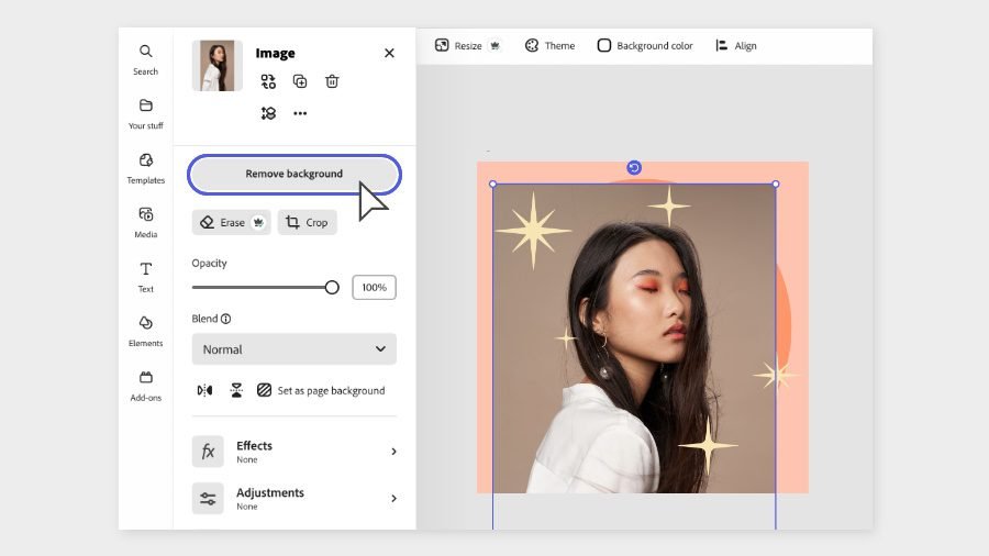 زر إزالة الخلفية في محرّر Adobe Express مطبَّقاً على بورتريه داخل ملصق بنجوم ذهبية