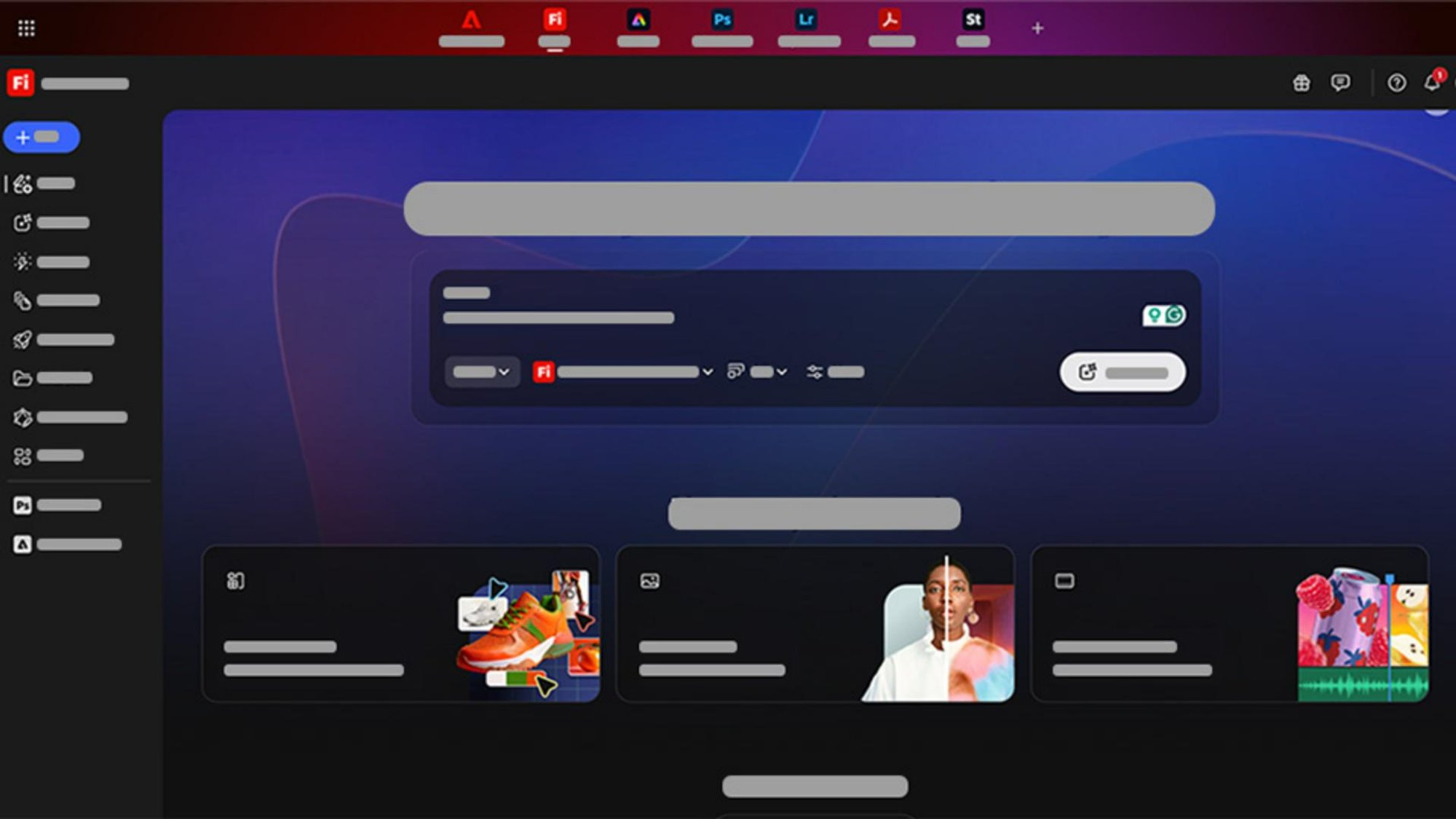 الشاشة الرئيسية لتطبيق Adobe Firefly على الويب مع حقل الأوامر ووحدات الصور والبورتريه والصوت