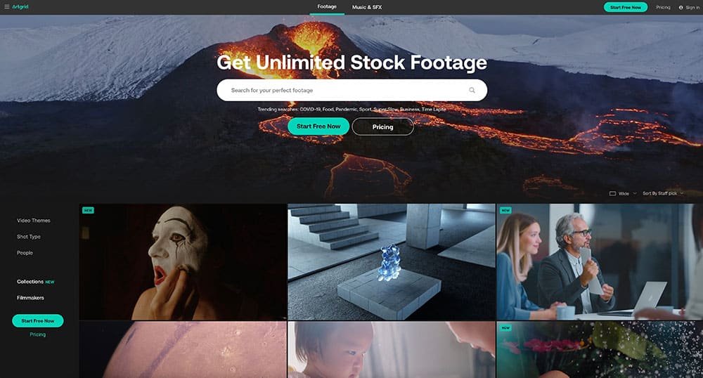 Artgrid “Get Unlimited Stock Footage” page with a lava flow and a grid of cinematic shots