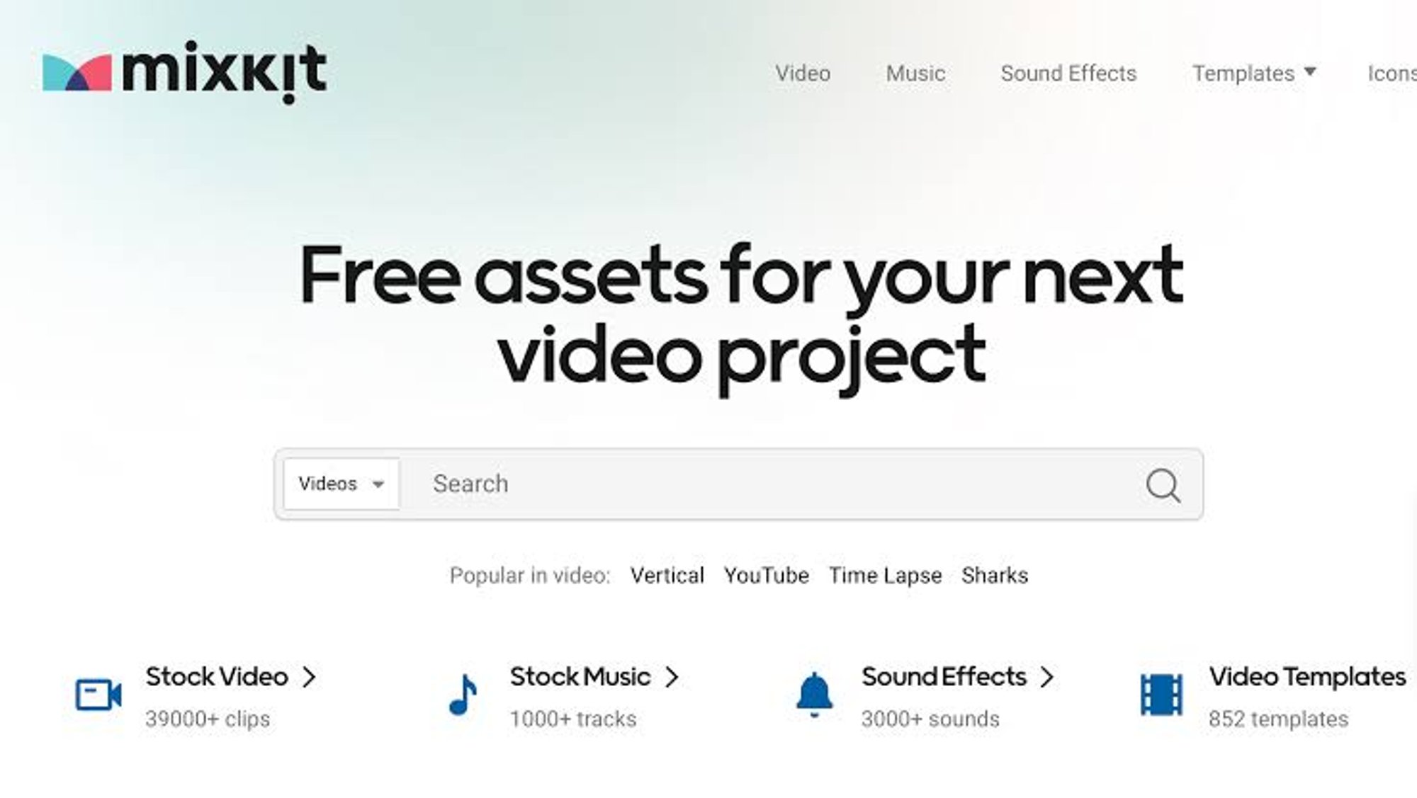 Mixkit homepage with video search and sections for stock video, music, sound effects and templates