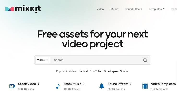 Mixkit homepage with video search and sections for stock video, music, sound effects and templates