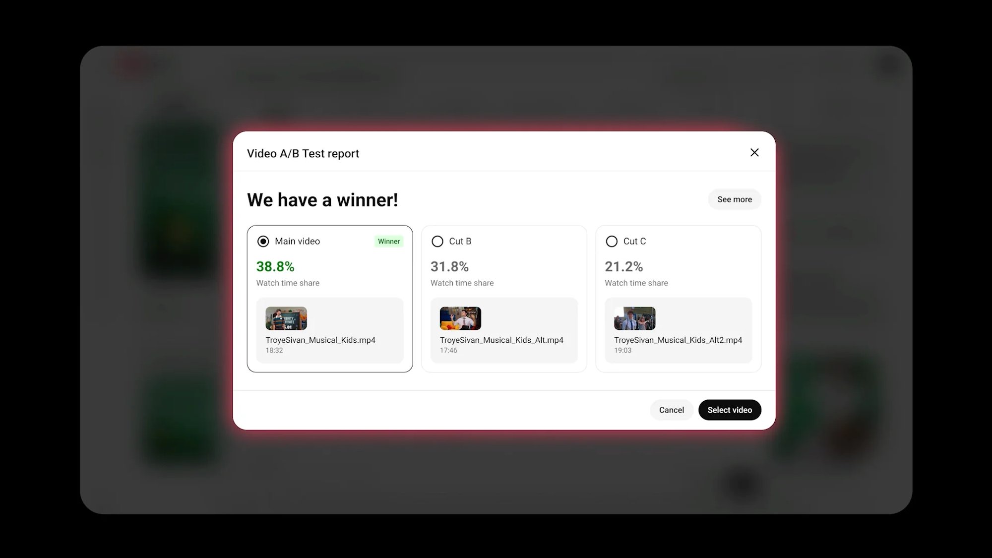 Video A/B test report in YouTube Studio: the main video wins with a 38.8% watch time share, against 31.8% and 21.2%