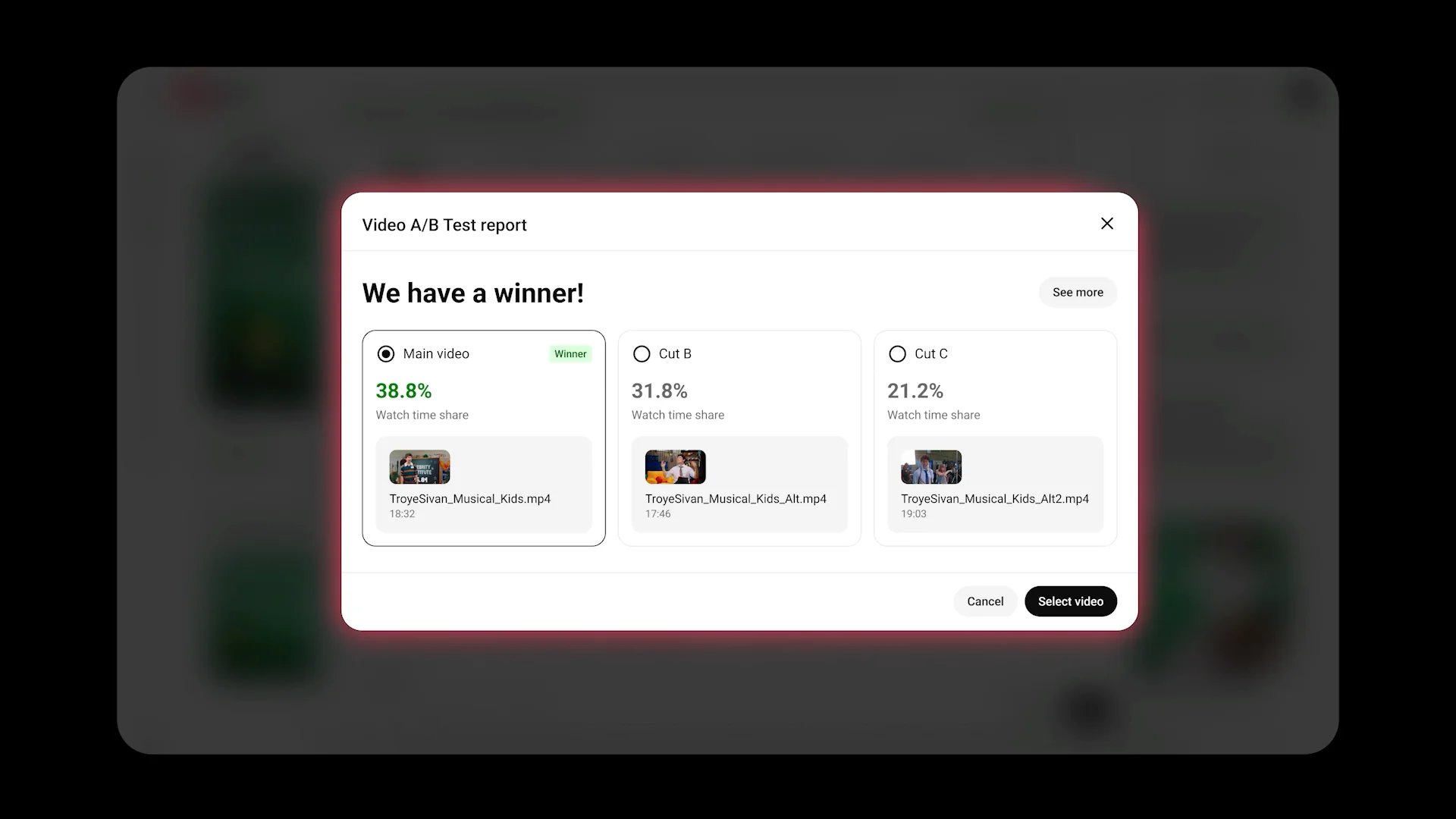 Video A/B test report in YouTube Studio: the main video wins with a 38.8% watch time share, against 31.8% and 21.2%