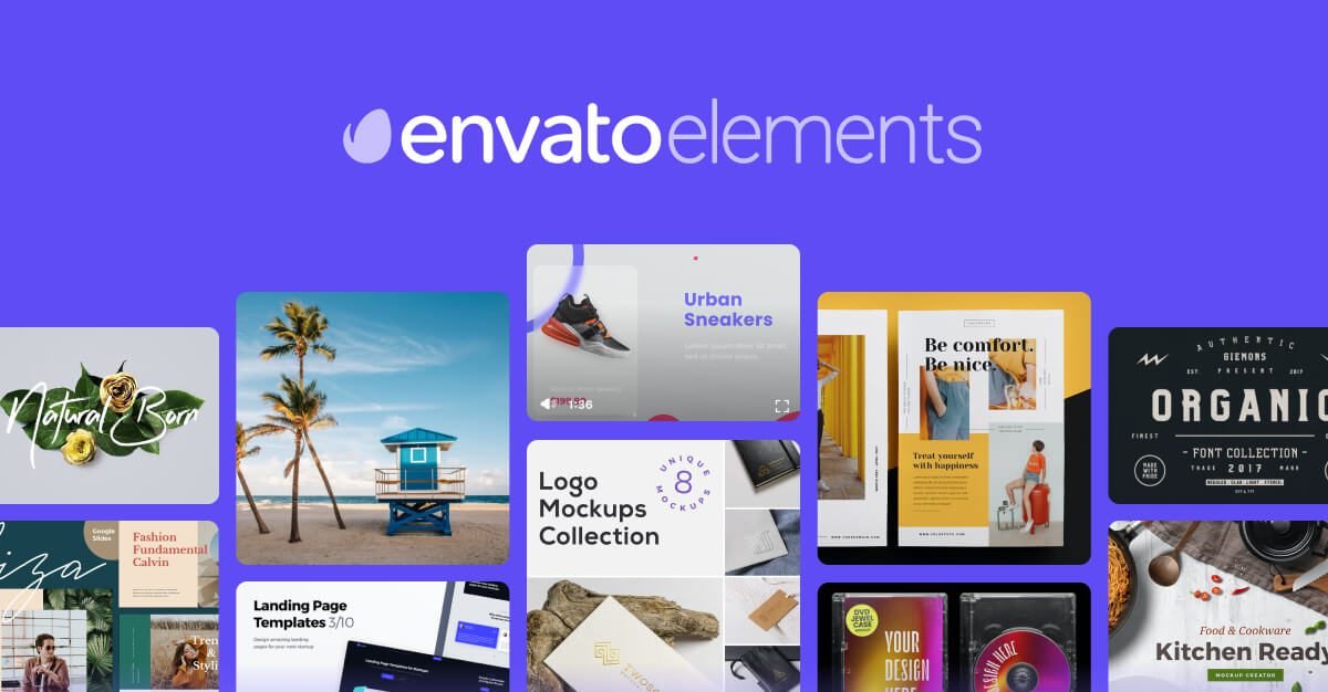 Envato Elements banner with logo mockups, fonts, web templates and a beach photo
