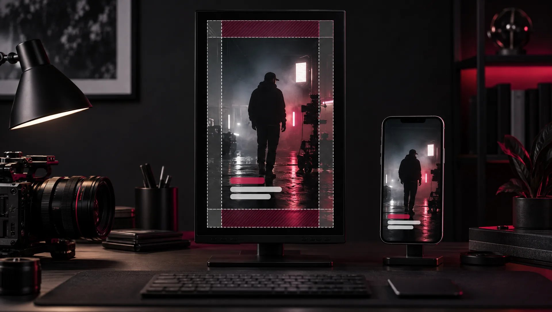 Moniteur vertical et smartphone affichant un plan 9:16 avec les marges de safe zone et des sous-titres bien placés