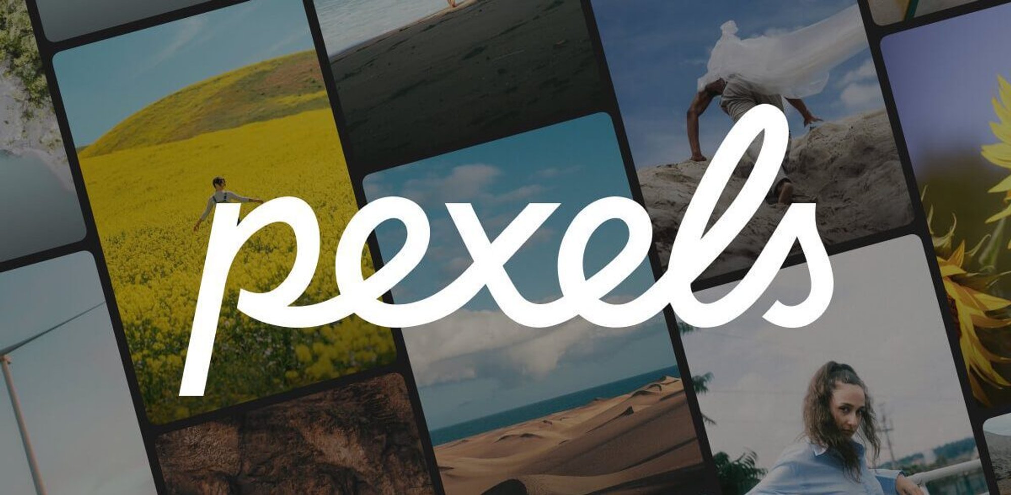 Pexels logo over a mosaic of vertical clips: rapeseed field, sand dunes, sea and a portrait