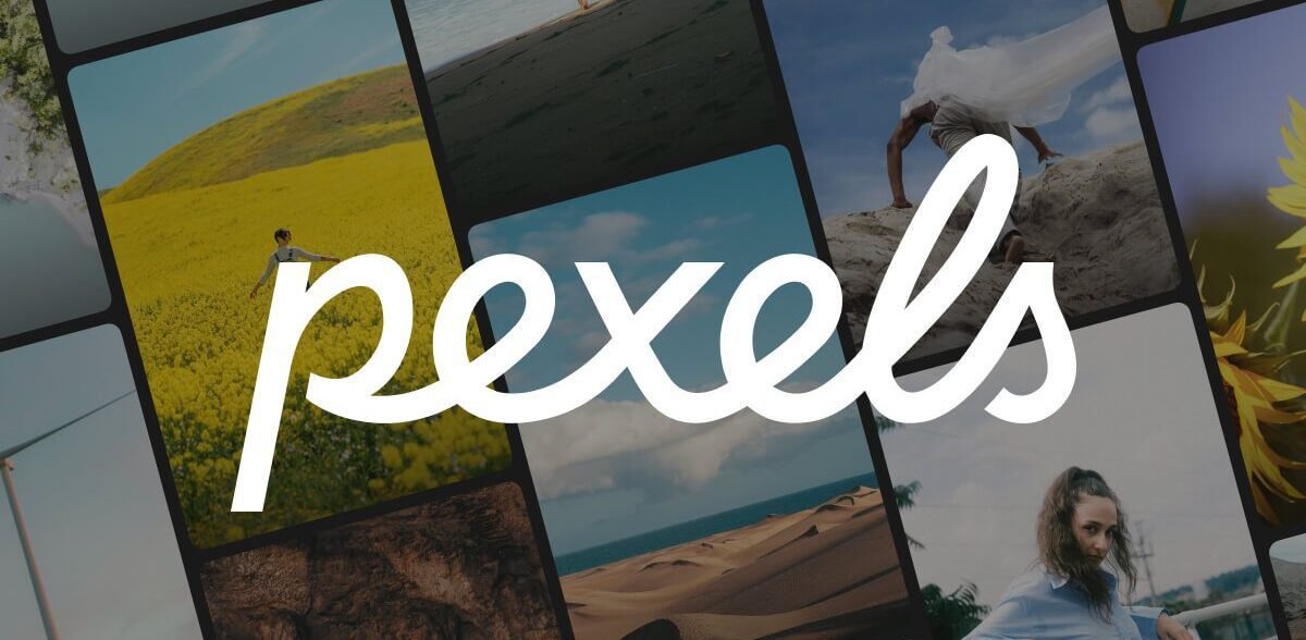 Pexels logo over a mosaic of vertical clips: rapeseed field, sand dunes, sea and a portrait