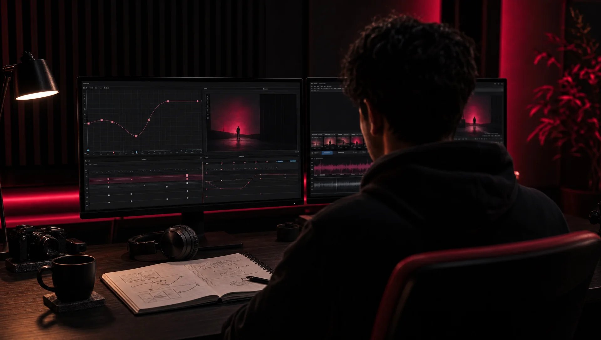 Monteur vidéo vu de dos dans un studio sombre éclairé en rouge, devant des courbes d’animation et une timeline de montage, avec un carnet de croquis et un casque