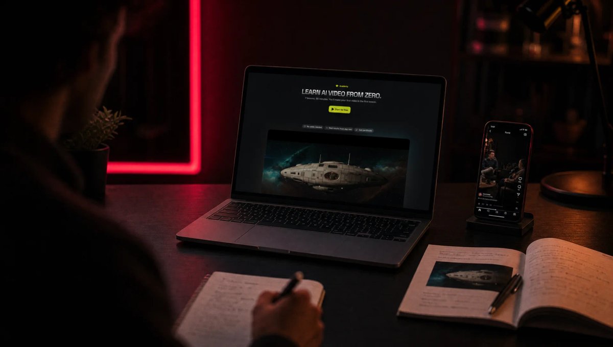Ordinateur portable affichant la page Higgsfield Academy avec le titre « Learn AI video from zero » et une image de vaisseau spatial, à côté d’un guide de cours imprimé, d’un carnet de notes et d’un smartphone, dans une pièce sombre éclairée en rouge
