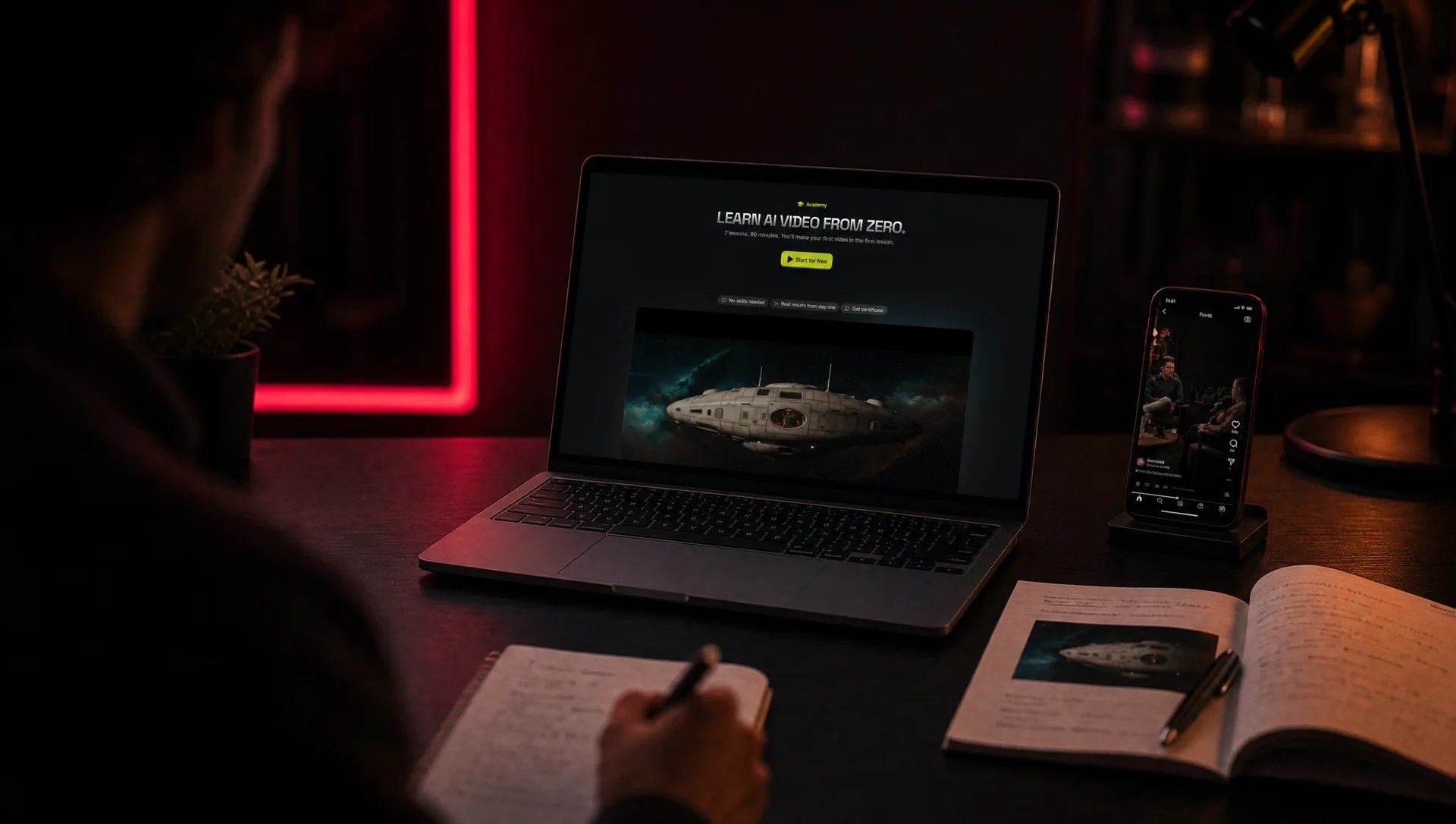 Ordinateur portable affichant la page Higgsfield Academy avec le titre « Learn AI video from zero » et une image de vaisseau spatial, à côté d’un guide de cours imprimé, d’un carnet de notes et d’un smartphone, dans une pièce sombre éclairée en rouge