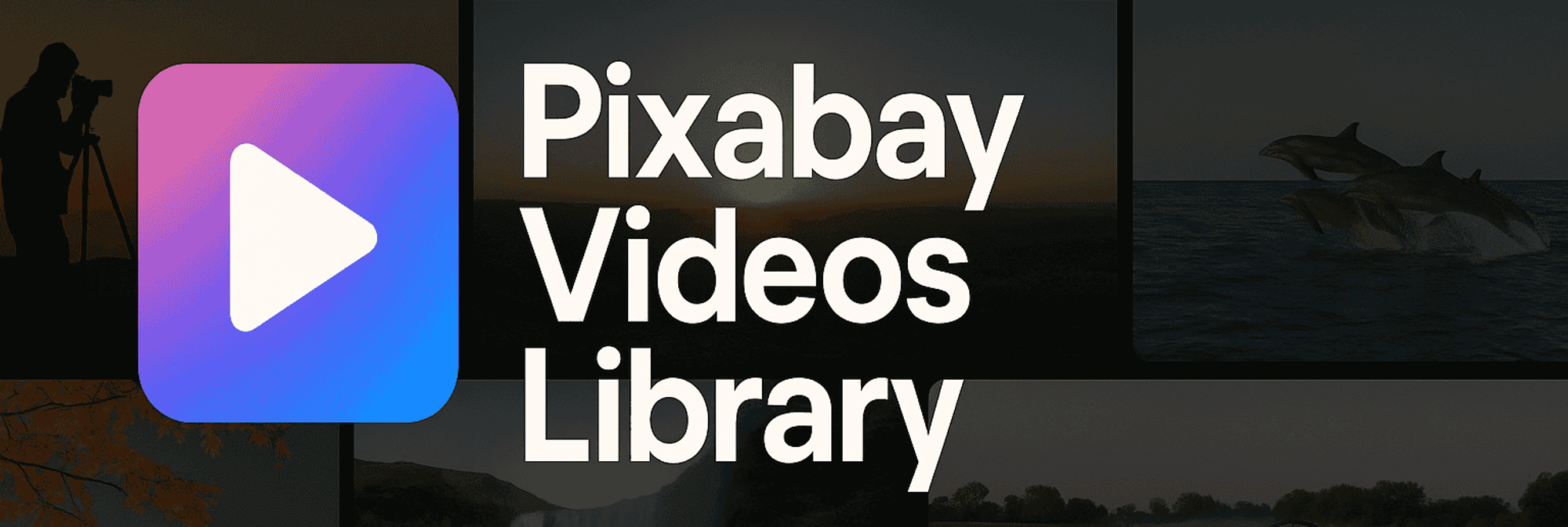 Pixabay Videos Library banner with a purple play icon over dark nature clips