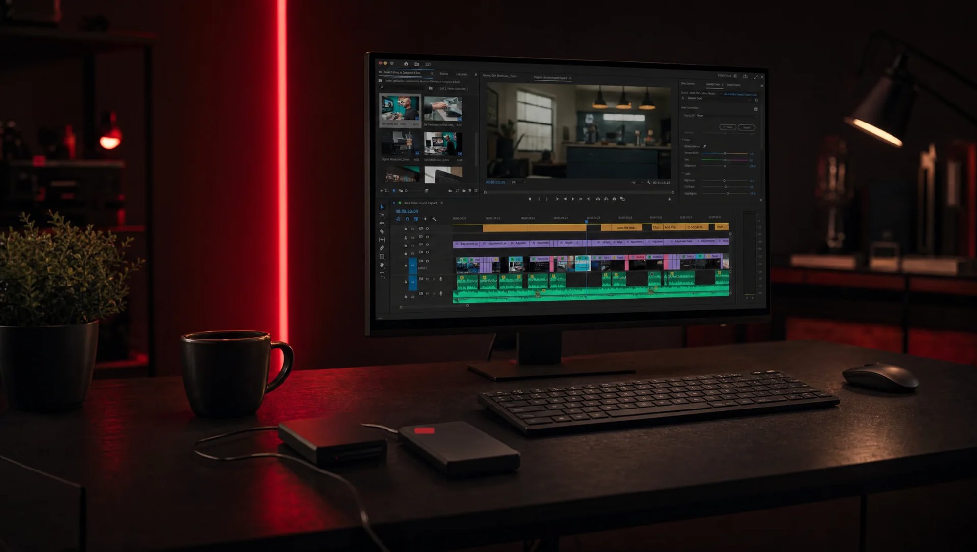 Station de montage dans une pièce sombre éclairée en rouge : grand écran affichant Premiere Pro avec une timeline multipiste, deux disques SSD externes branchés devant le clavier